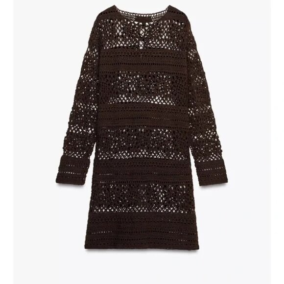 Zara Crochet Knit Long Sleeve Mini Dress NWT Brown Size Small - Picture 6 of 12